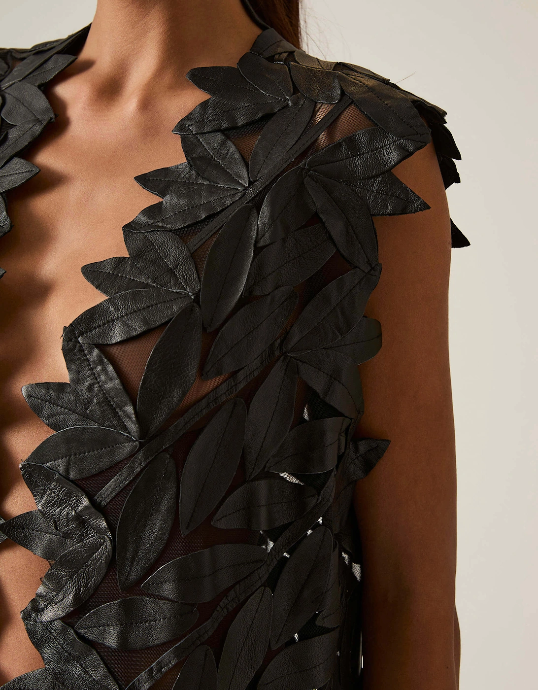 Long Black Leaf Leather Gilet