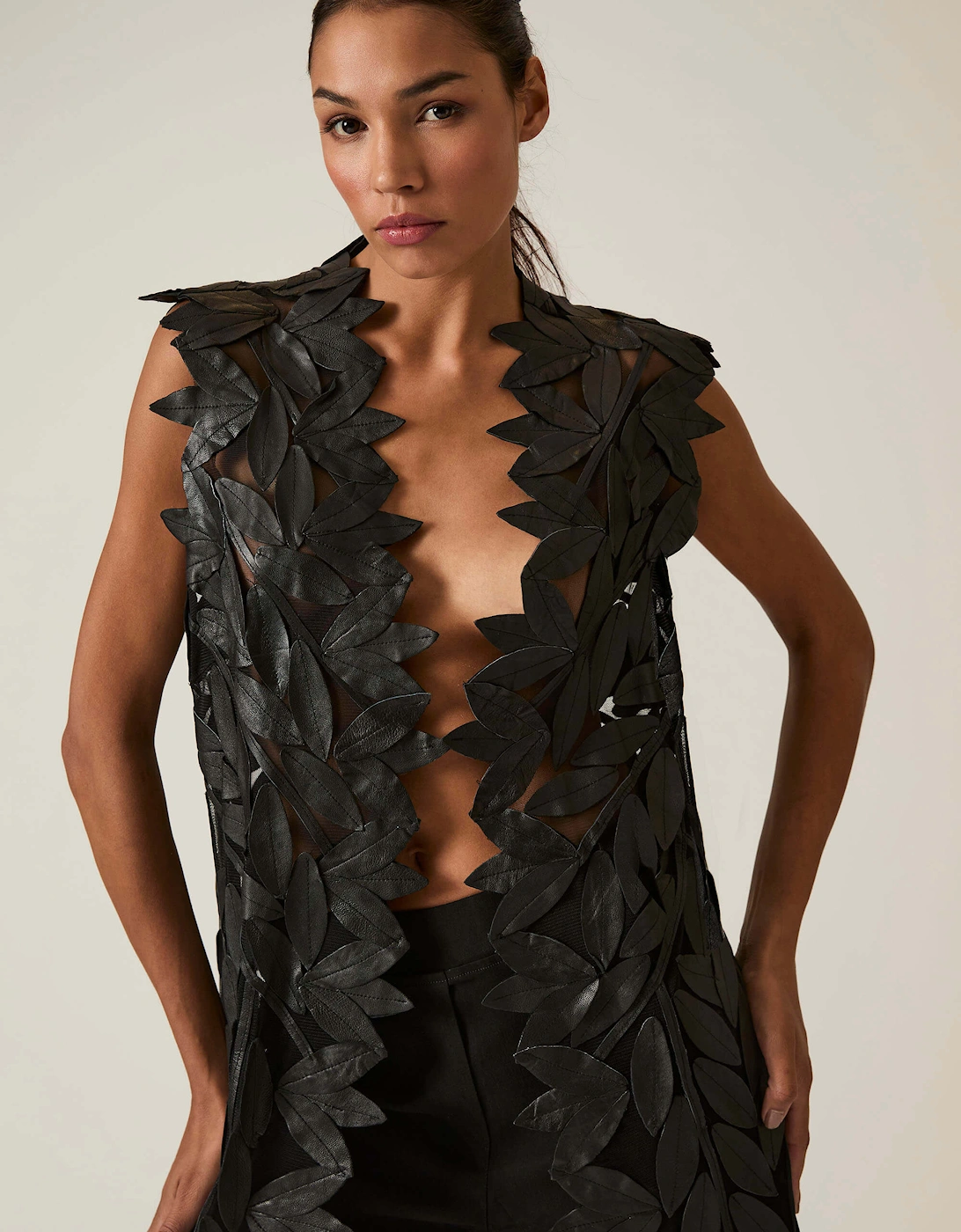 Long Black Leaf Leather Gilet, 7 of 6