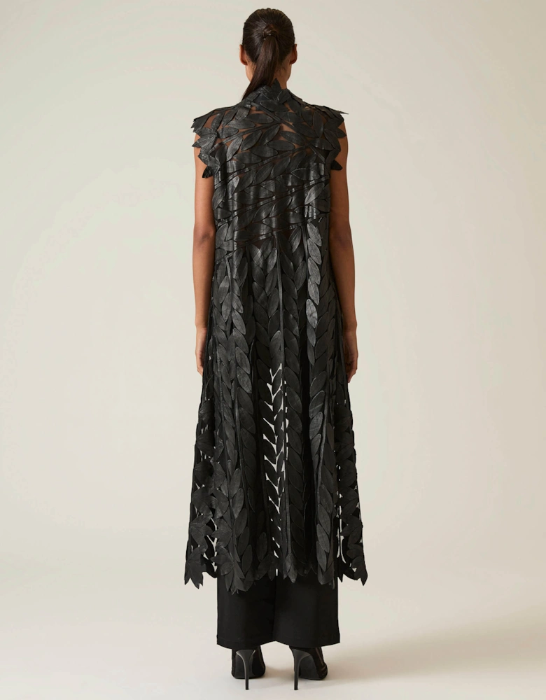Long Black Leaf Leather Gilet