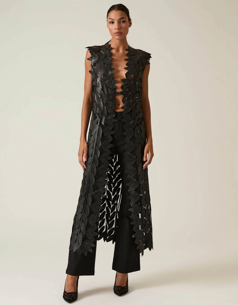 Long Black Leaf Leather Gilet