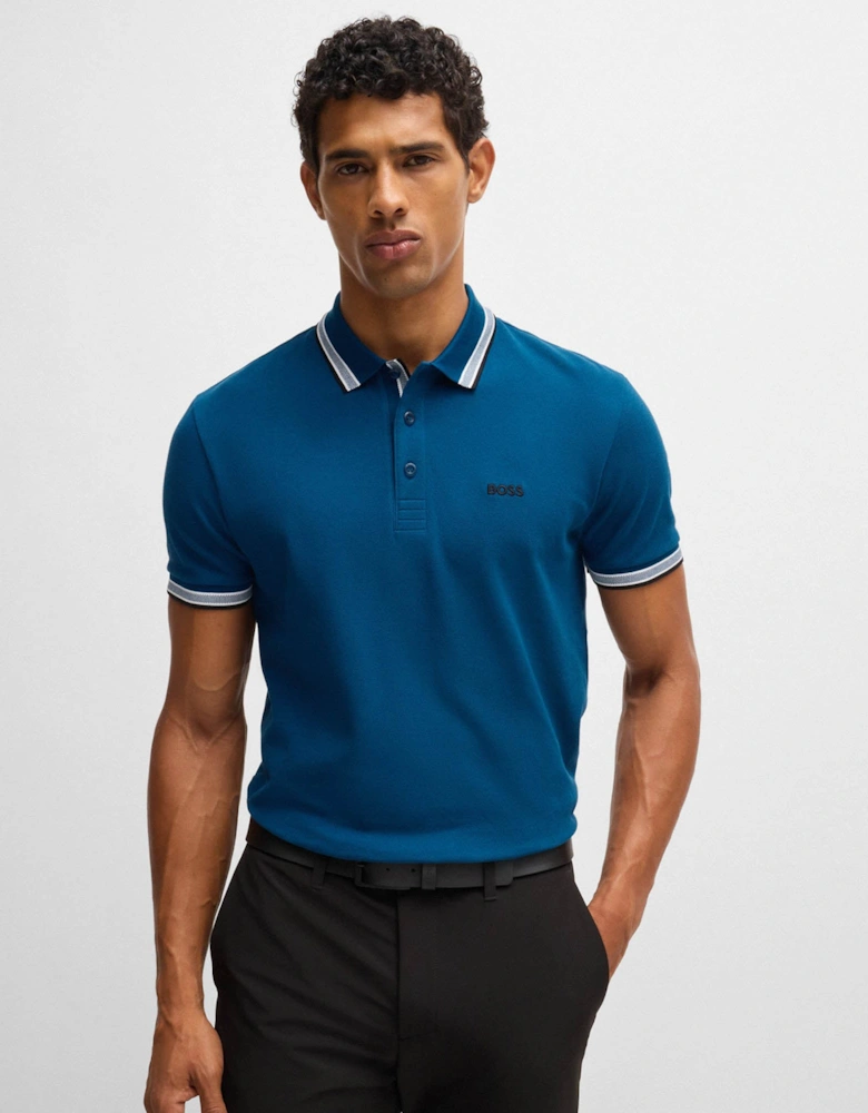 BOSS Green Paddy Mens Cotton-Piqué Polo Shirt with Contrast Logo - Open Blue 494