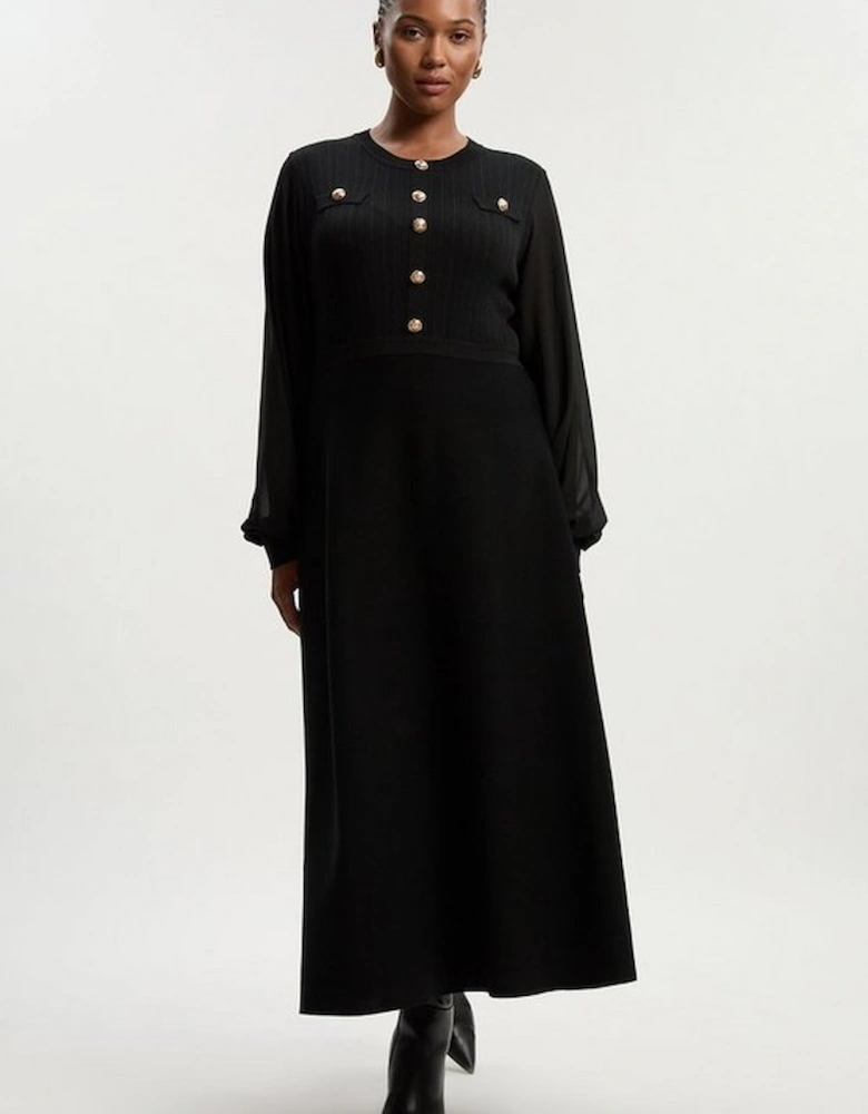 Plus Size Viscose Blend Maxi Knit Dress With Chiffon Sleeve Military Trim
