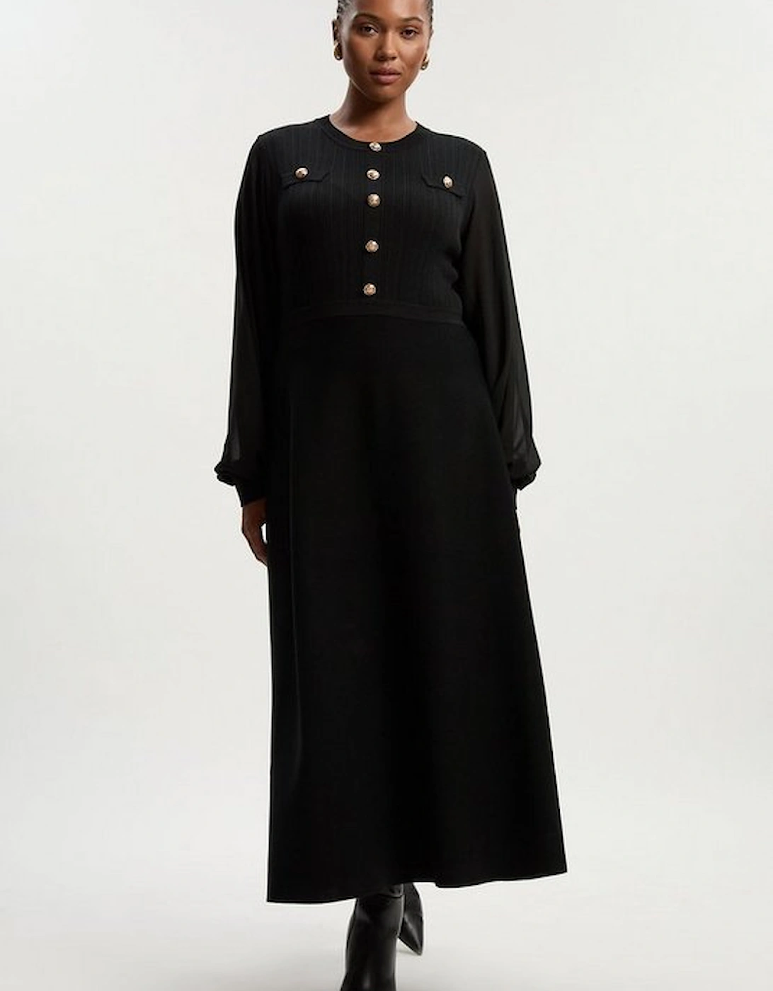 Plus Size Viscose Blend Maxi Knit Dress With Chiffon Sleeve Military Trim, 2 of 1