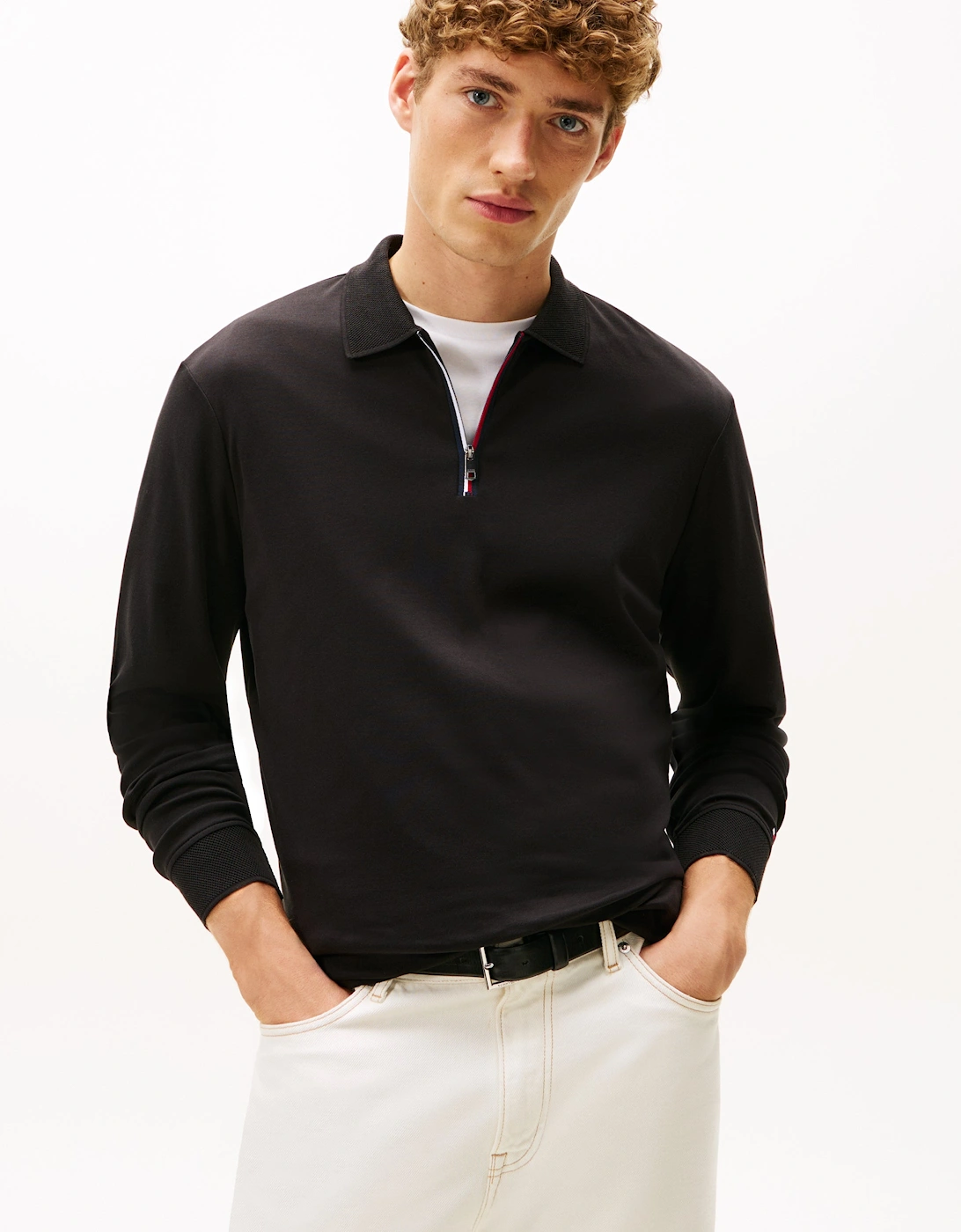 Interlock Mens Long Sleeve Zip Polo - Black, 2 of 1