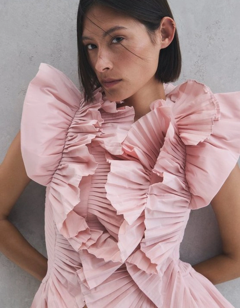 Pleated Ruffle Sleeve Woven Top