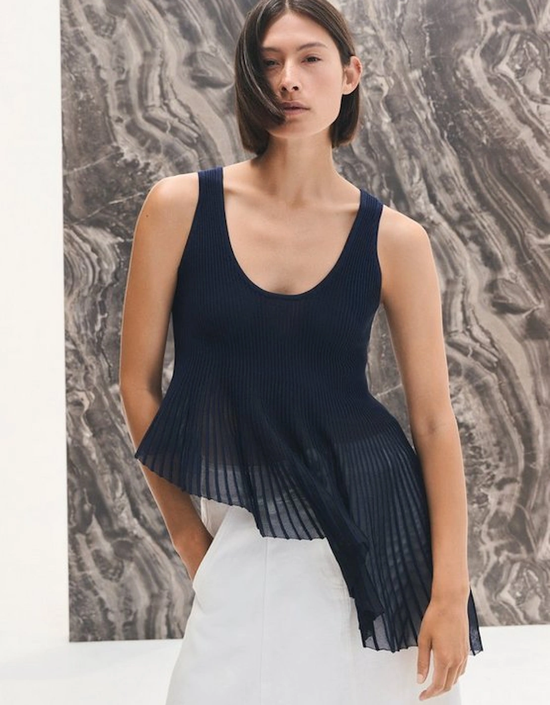 Viscose Blend Sleeveless Knitted Asymmetric Hem Top With Sparkle Sheer Detail, 2 of 1