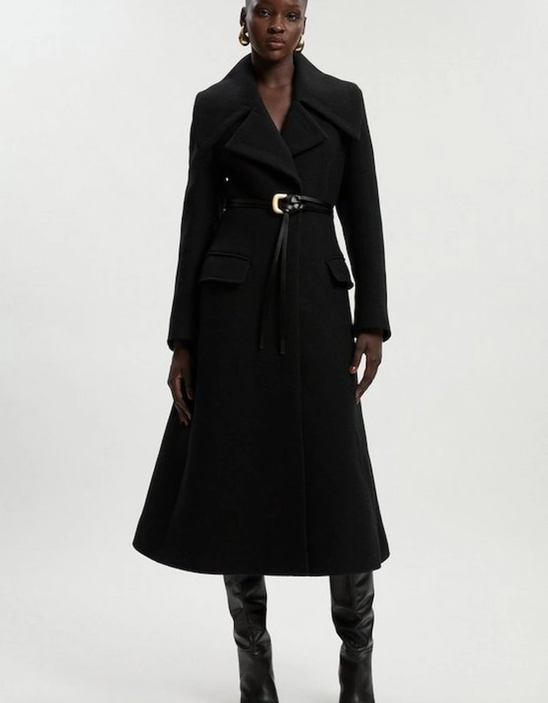 Wool Shawl Collar Belted Tailored Midi Coat