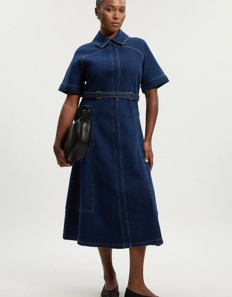 Plus Size Stretch Denim Tab Belt Detail Midi Dress