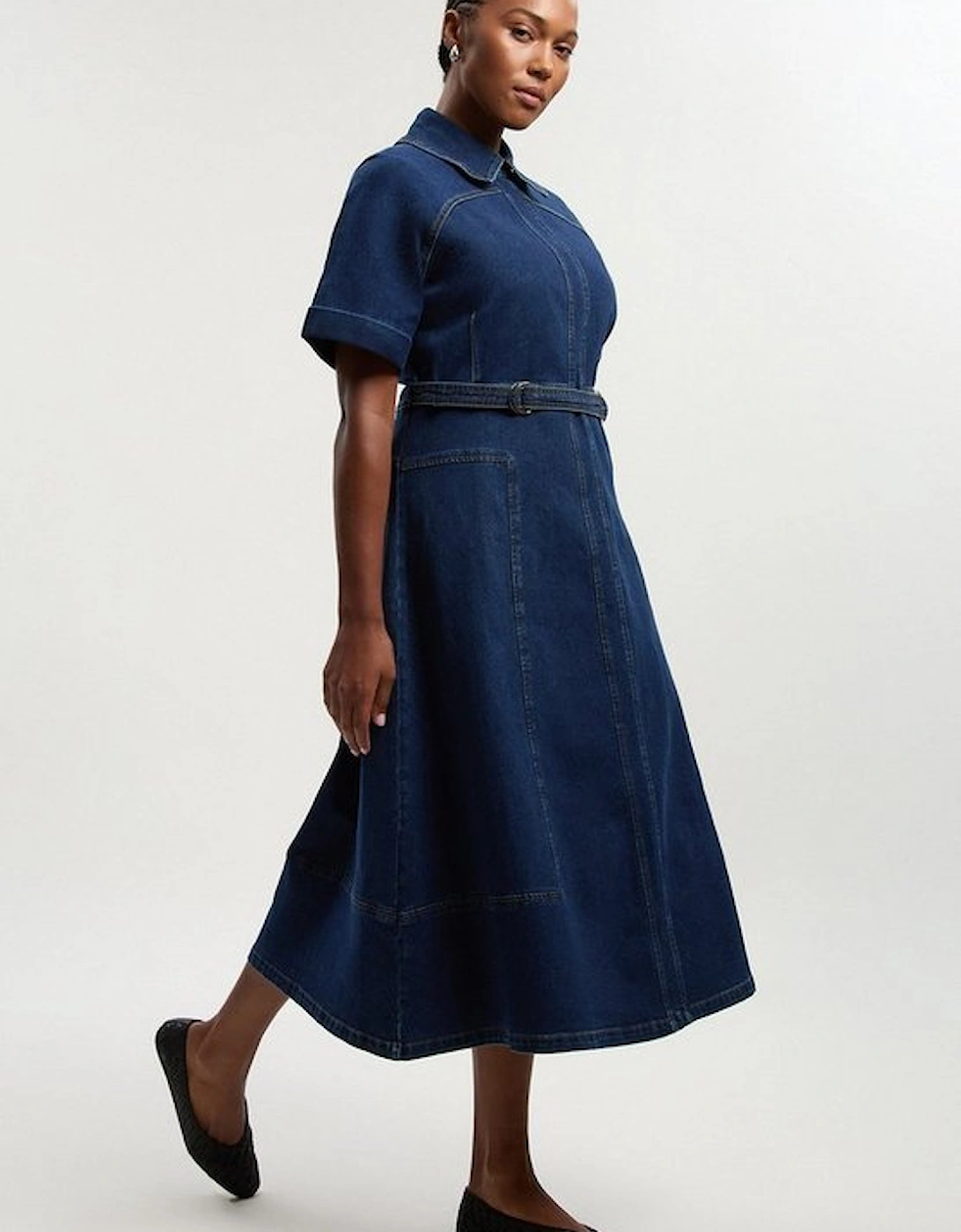Plus Size Stretch Denim Tab Belt Detail Midi Dress