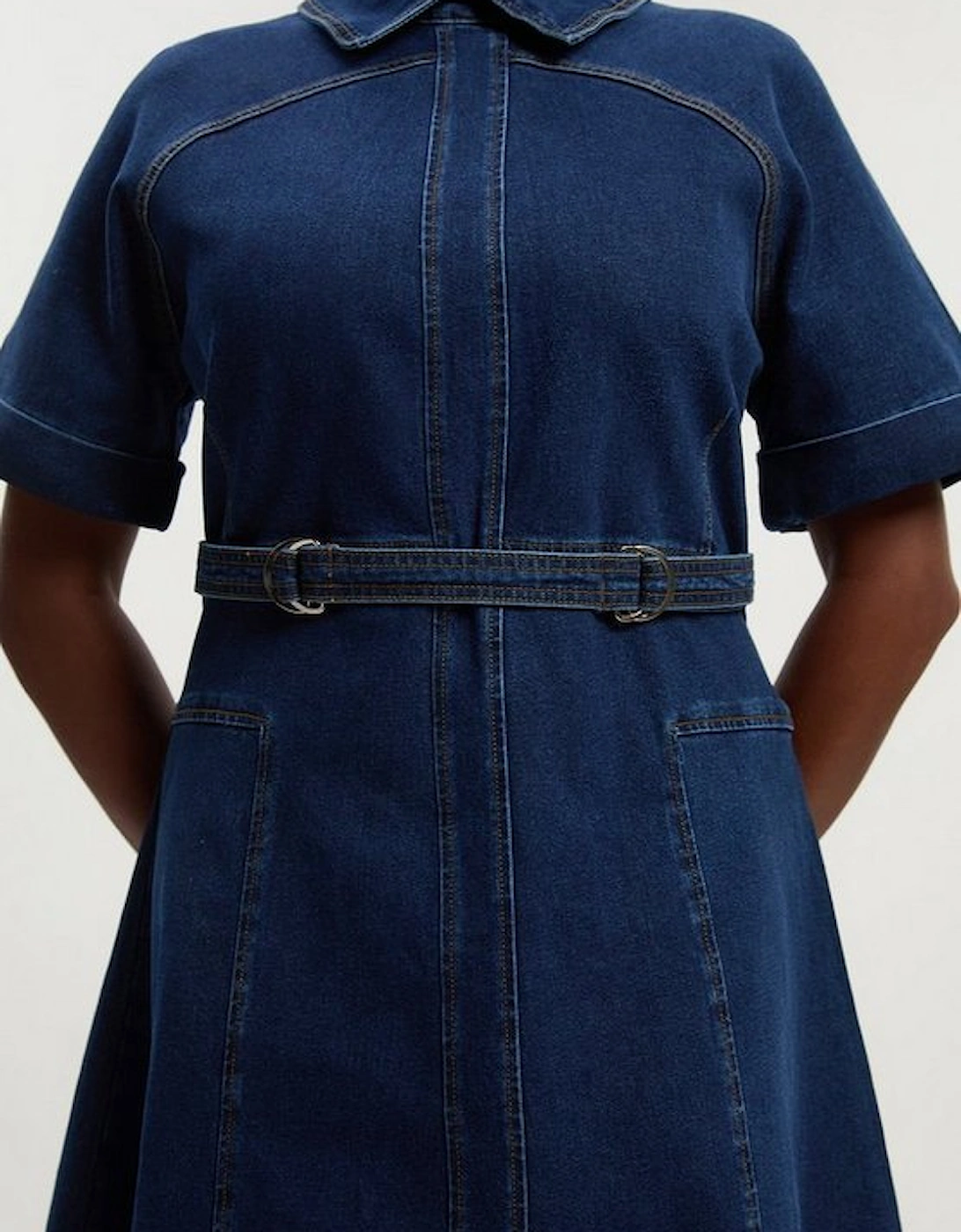 Plus Size Stretch Denim Tab Belt Detail Midi Dress