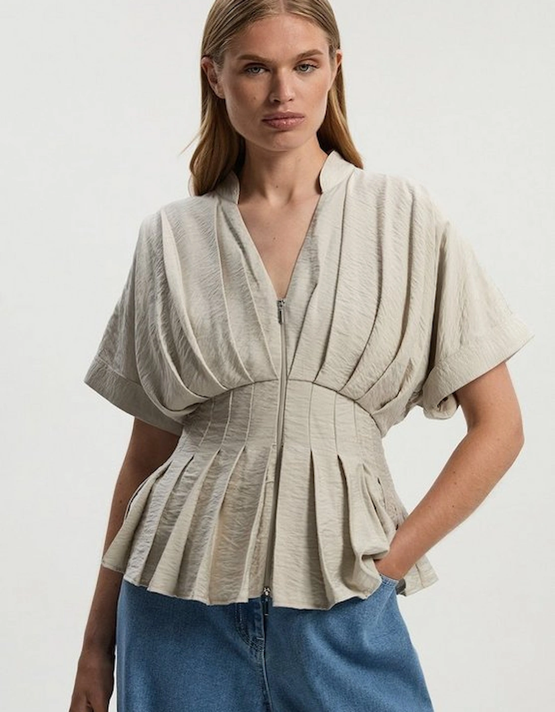 Pleated Neck Tie Detail Woven Short Sleeve Shirt, 2 of 1
