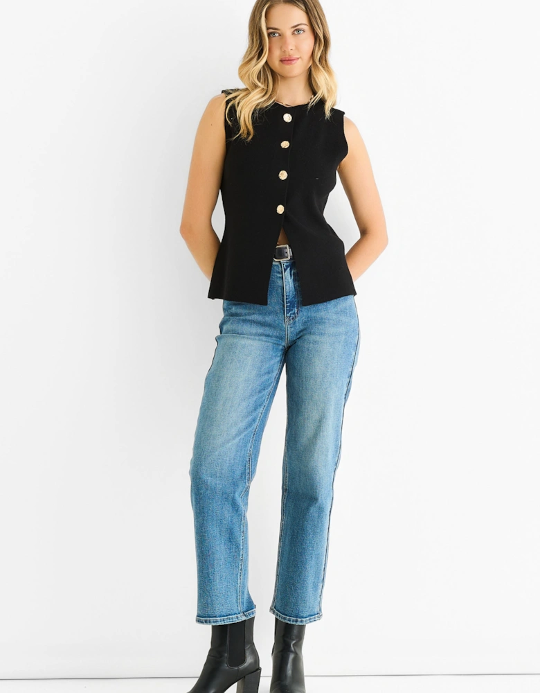 Black Button Front Compact Knit Waistcoat