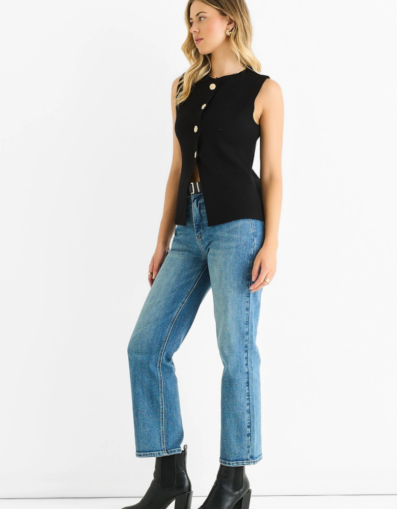 Black Button Front Compact Knit Waistcoat