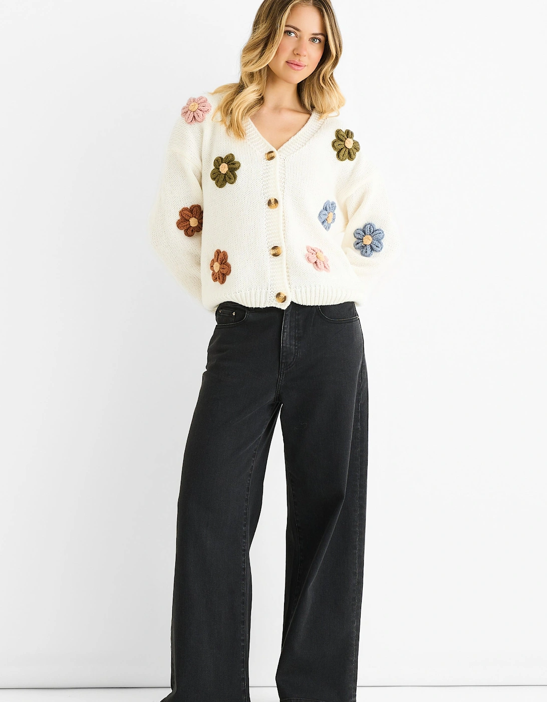 Cream 3D Contrast Flower Crochet Cardigan, 5 of 4