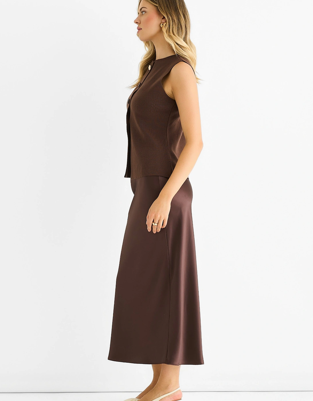 Chocolate Button Front Compact Knit Waistcoat