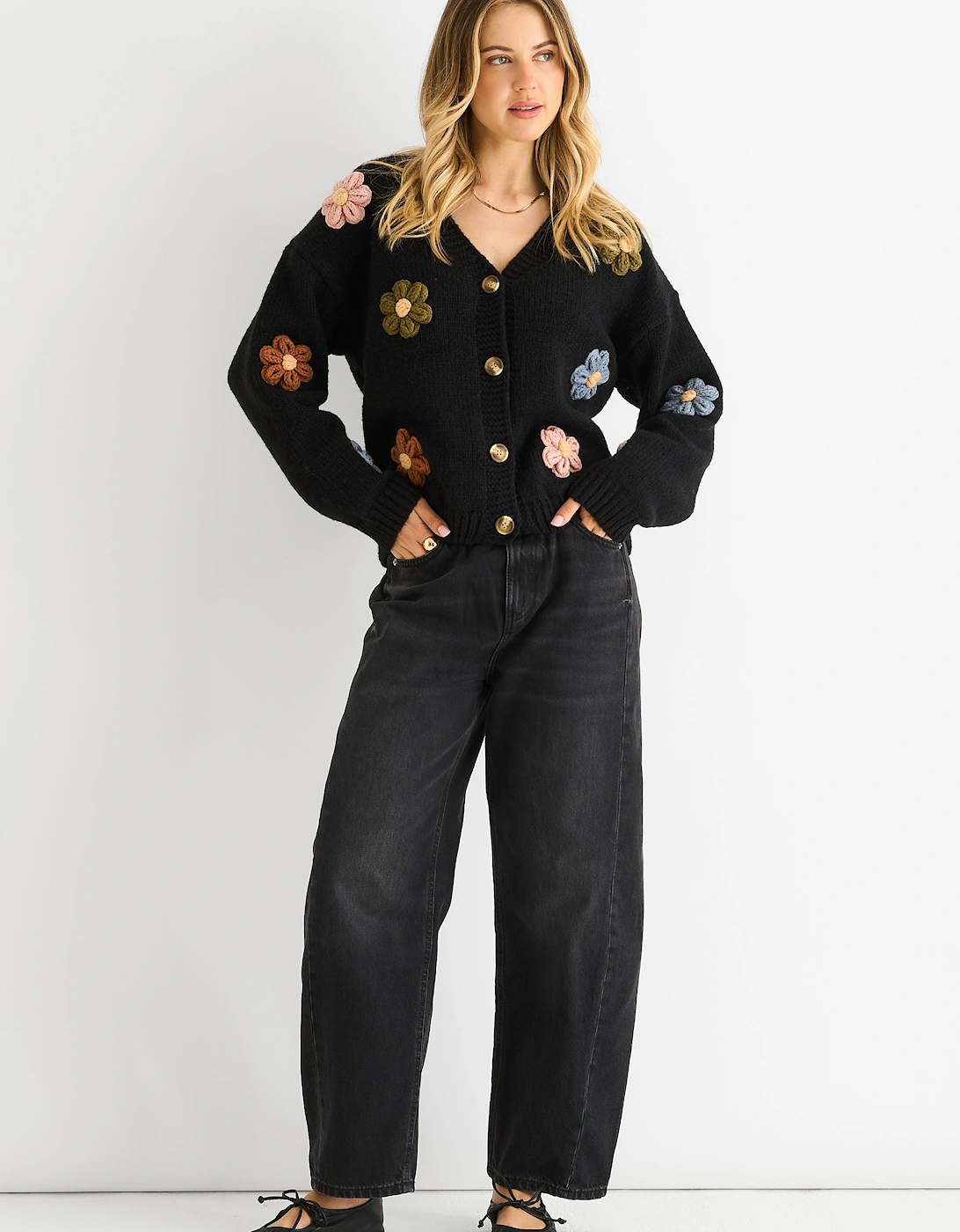 Black 3D Contrast Flower Crochet Cardigan, 5 of 4