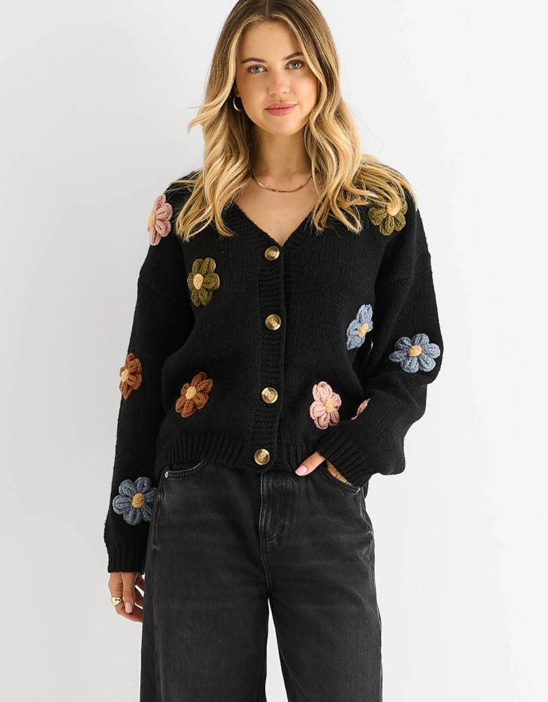 Black 3D Contrast Flower Crochet Cardigan
