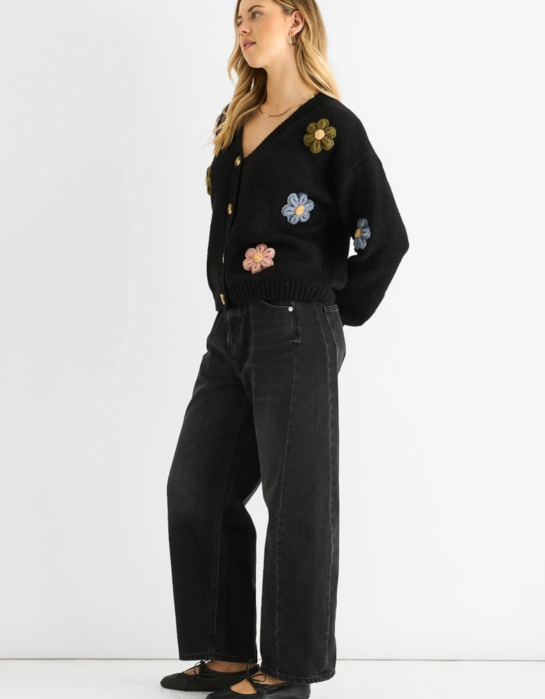 Black 3D Contrast Flower Crochet Cardigan