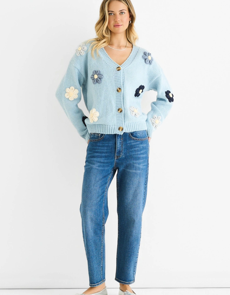 Blue 3D Contrast Flower Crochet Cardigan