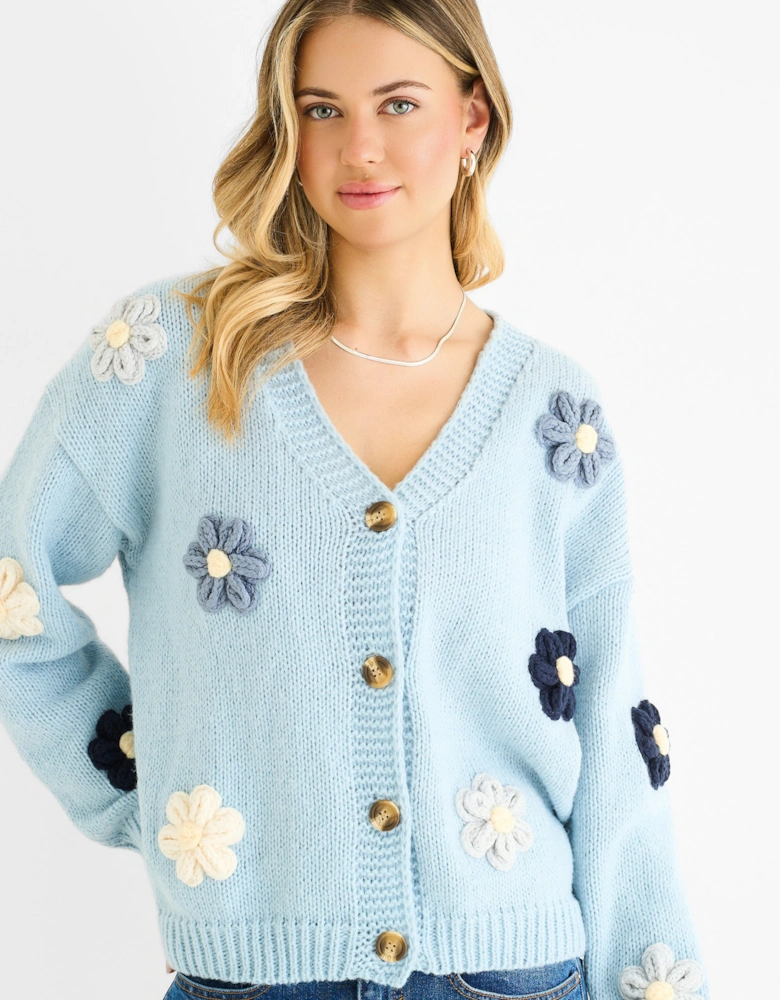 Blue 3D Contrast Flower Crochet Cardigan