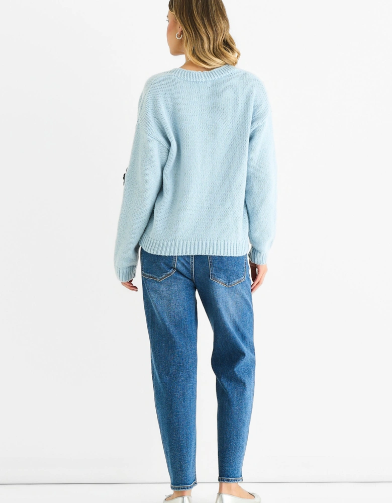 Blue 3D Contrast Flower Crochet Cardigan