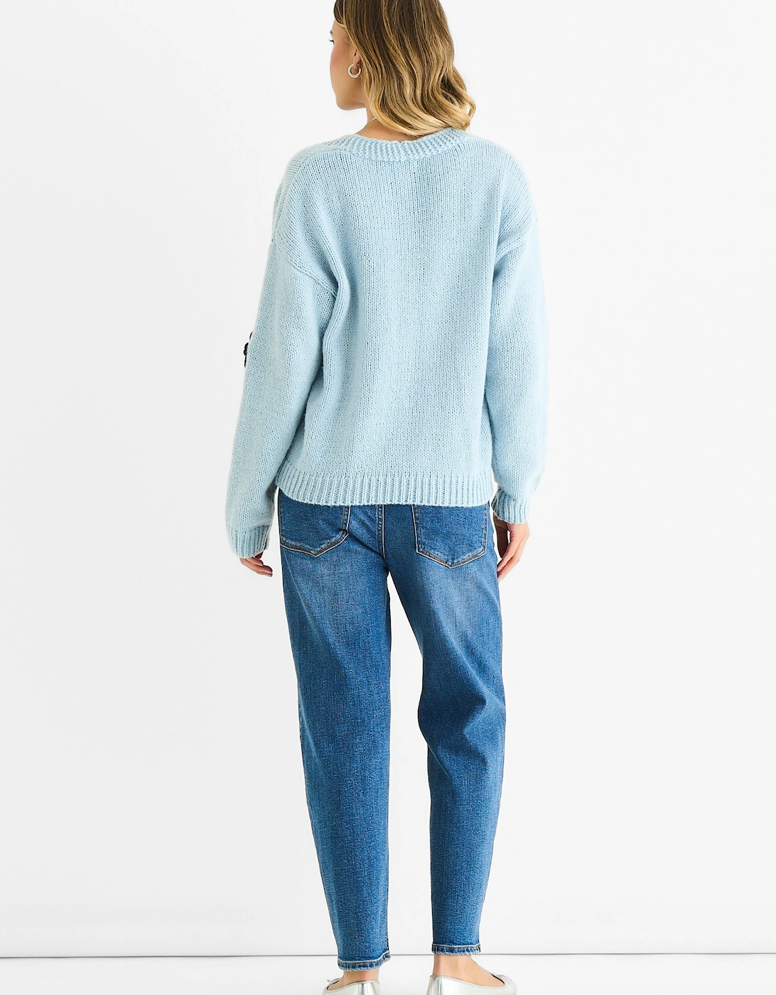 Blue 3D Contrast Flower Crochet Cardigan