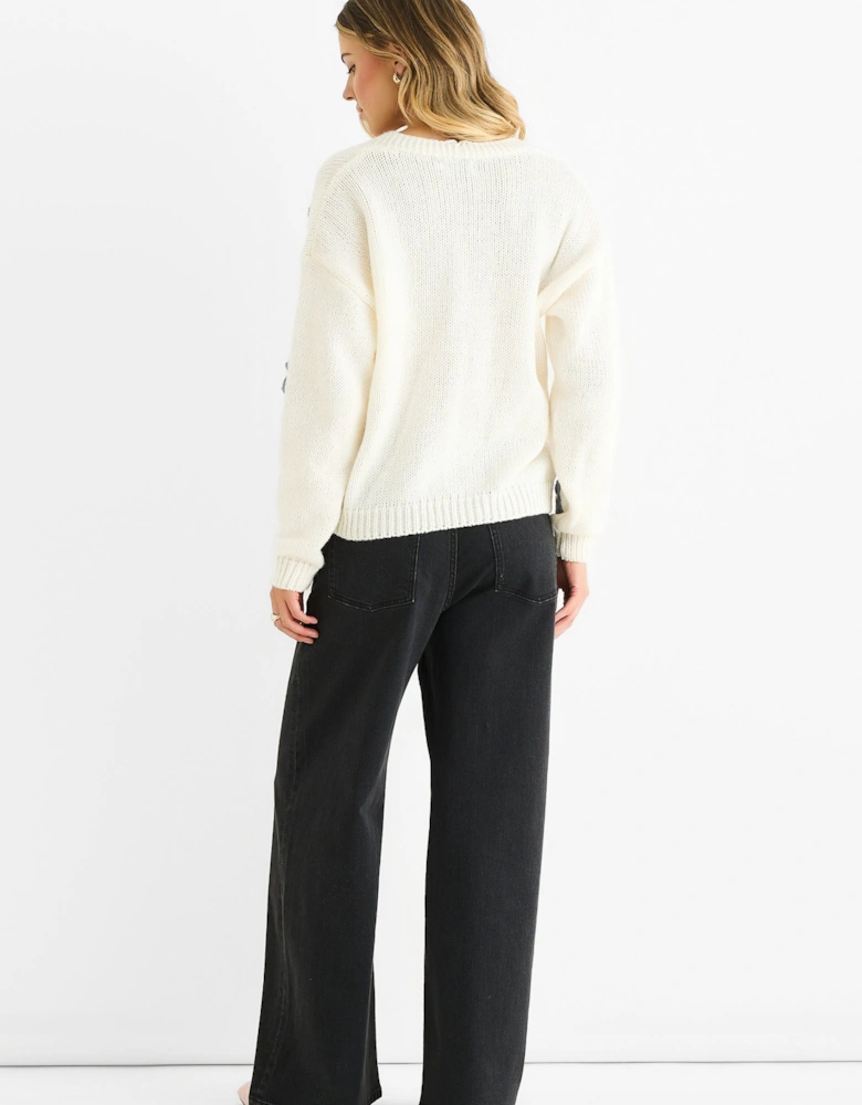 Cream 3D Contrast Flower Crochet Cardigan