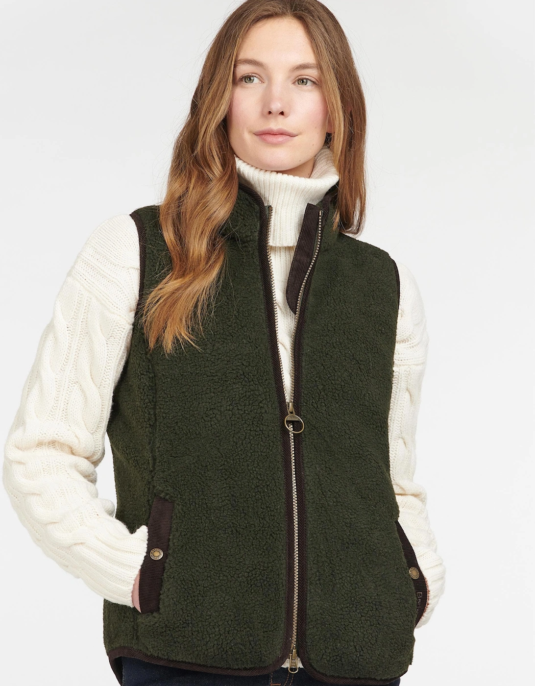 Women's Barbour Burford Womens Fleece Gilet - Olive/Classic - Tan - Size: 18
