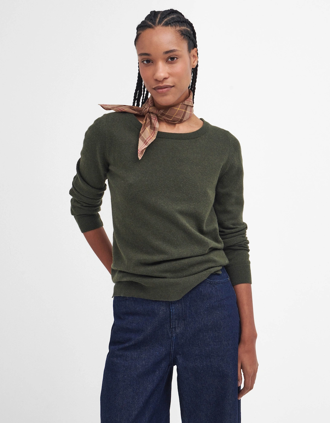 Pendle Crew Knitted Womens Jumper - Olive/Hessian Tartan, 2 of 1
