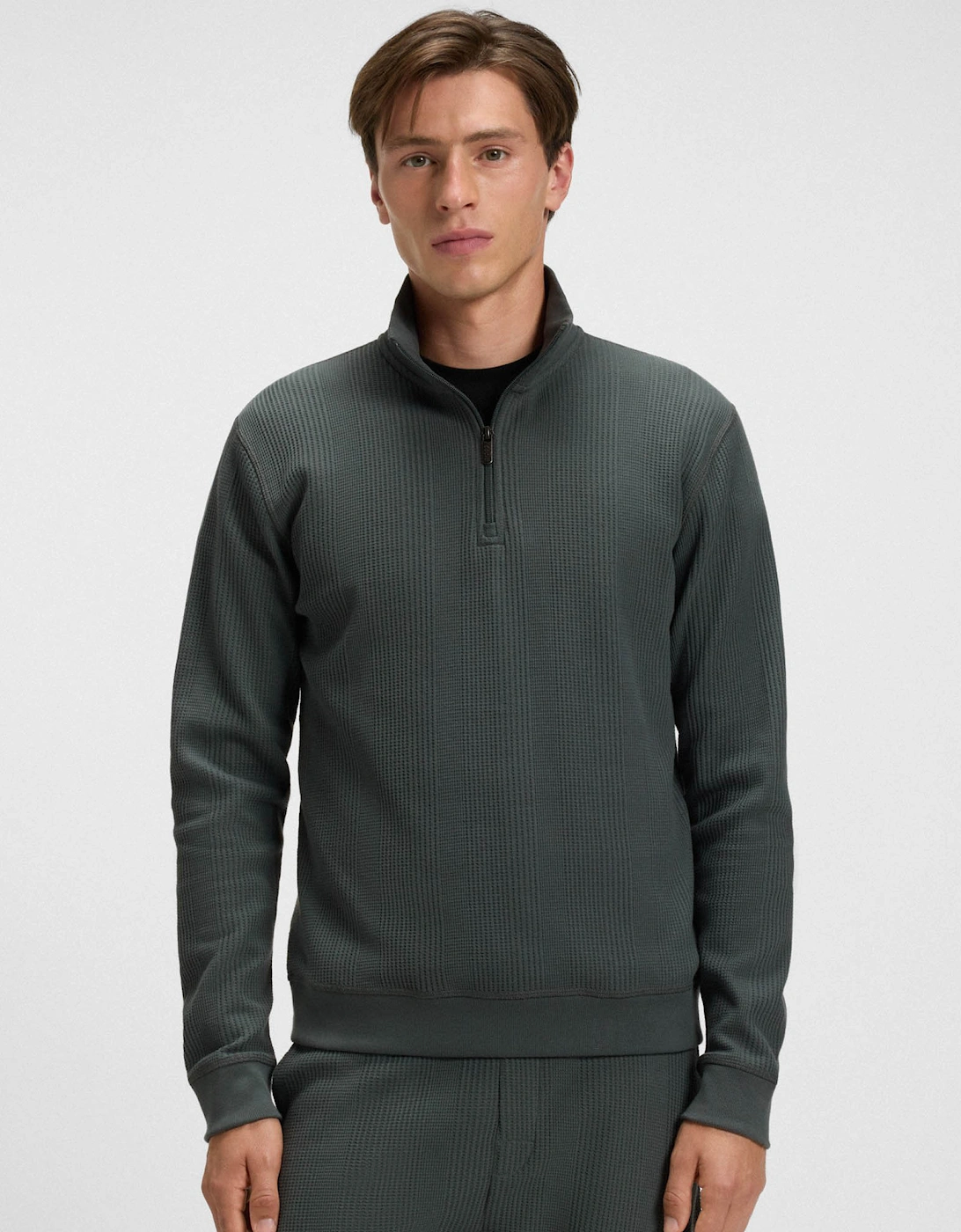 BOSS Orange Structure Mens 1/4 Zip Loungewear Top - Open Green 345, 2 of 1