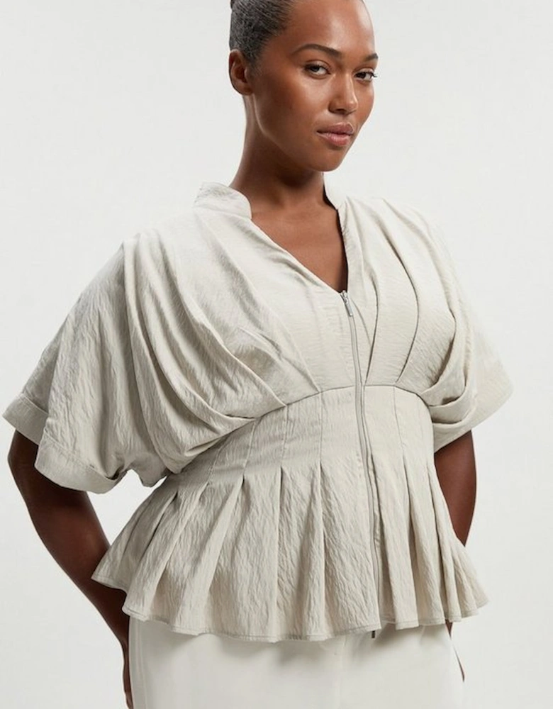 Plus Size Pleated Neck Tie Detail Woven Short Sleeve Shirt