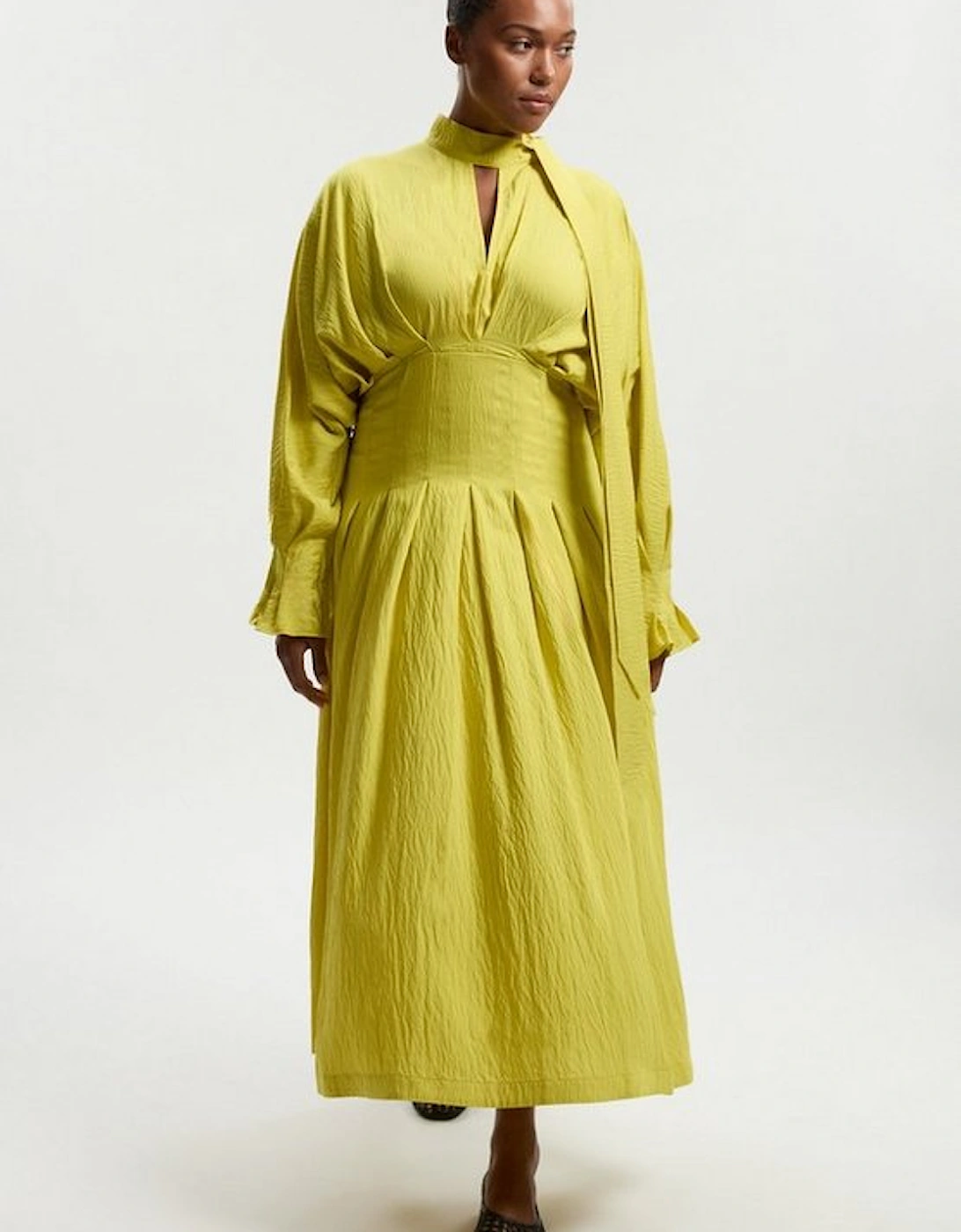 Plus Size Pleated Neck Tie Detail Woven Maxi Dress, 2 of 1