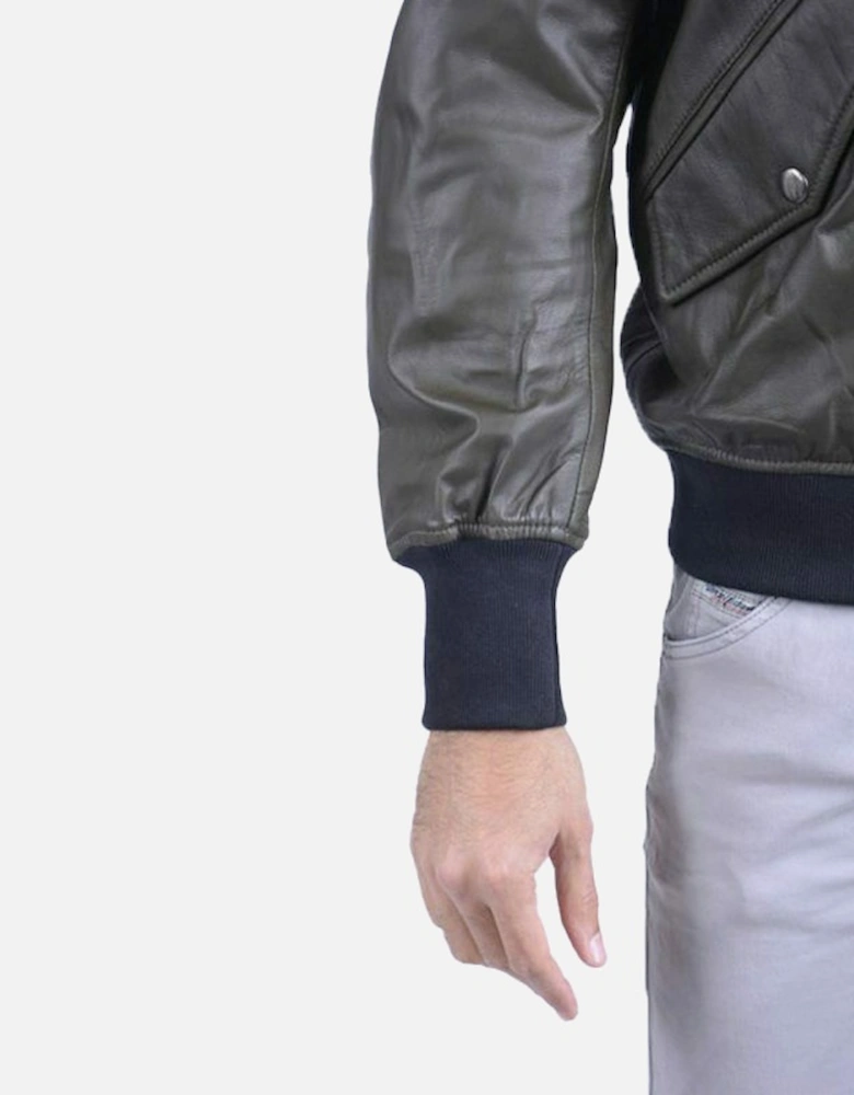 L PARKER Mens Leather Jacket Olive Casual Quilted Winter Bomber Jacket