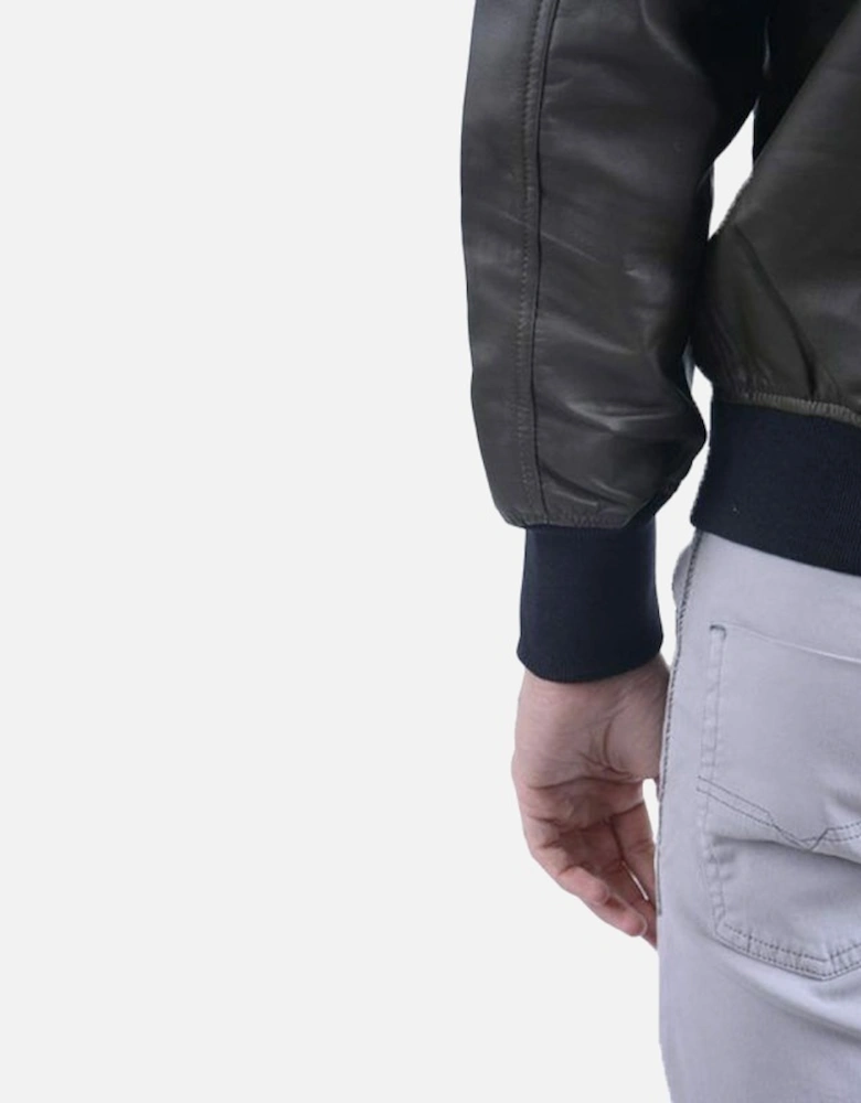 L PARKER Mens Leather Jacket Olive Casual Quilted Winter Bomber Jacket