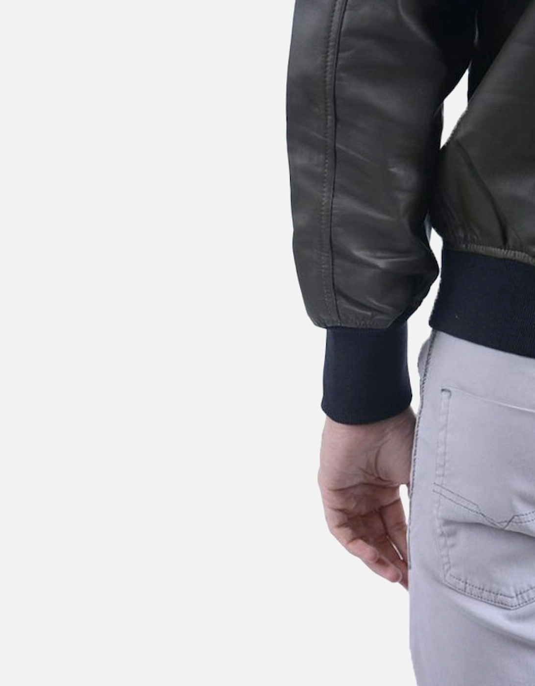 L PARKER Mens Leather Jacket Olive Casual Quilted Winter Bomber Jacket