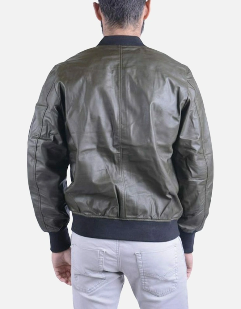 L PARKER Mens Leather Jacket Olive Casual Quilted Winter Bomber Jacket