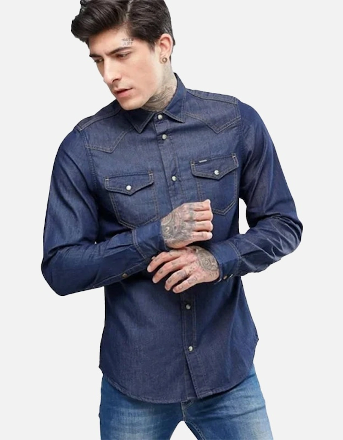 NEW SONORA E 0BAMP Mens Denim Shirt Long Sleeve Casual Plain Blue Shirt, 11 of 10