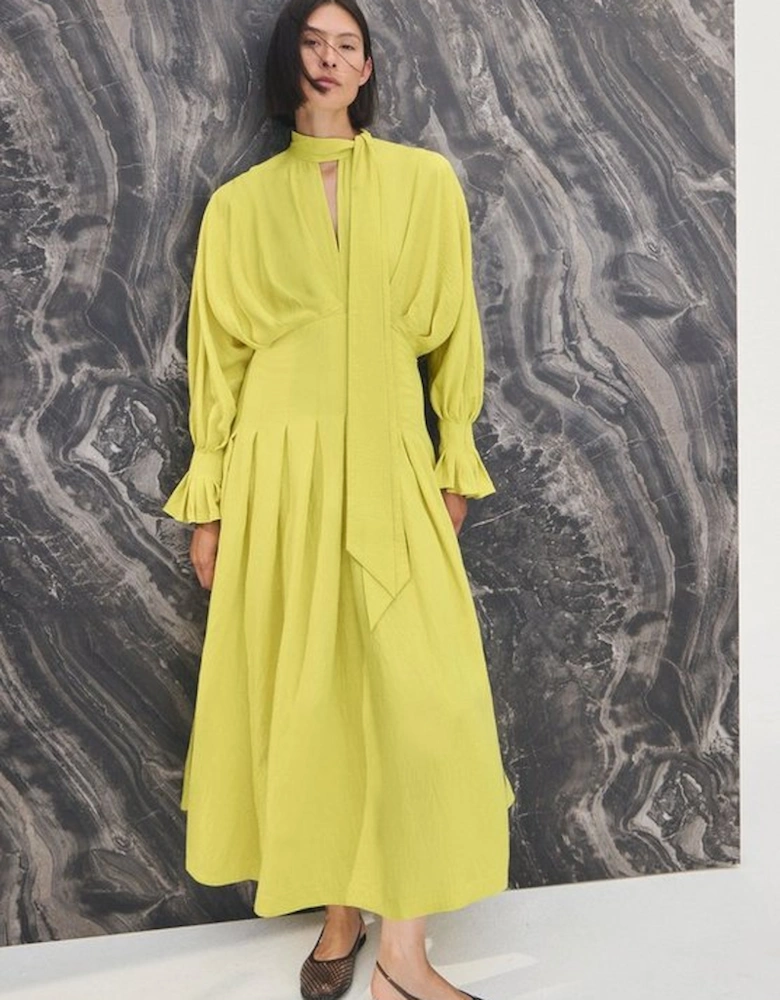 Pleated Neck Tie Detail Woven Maxi Dress