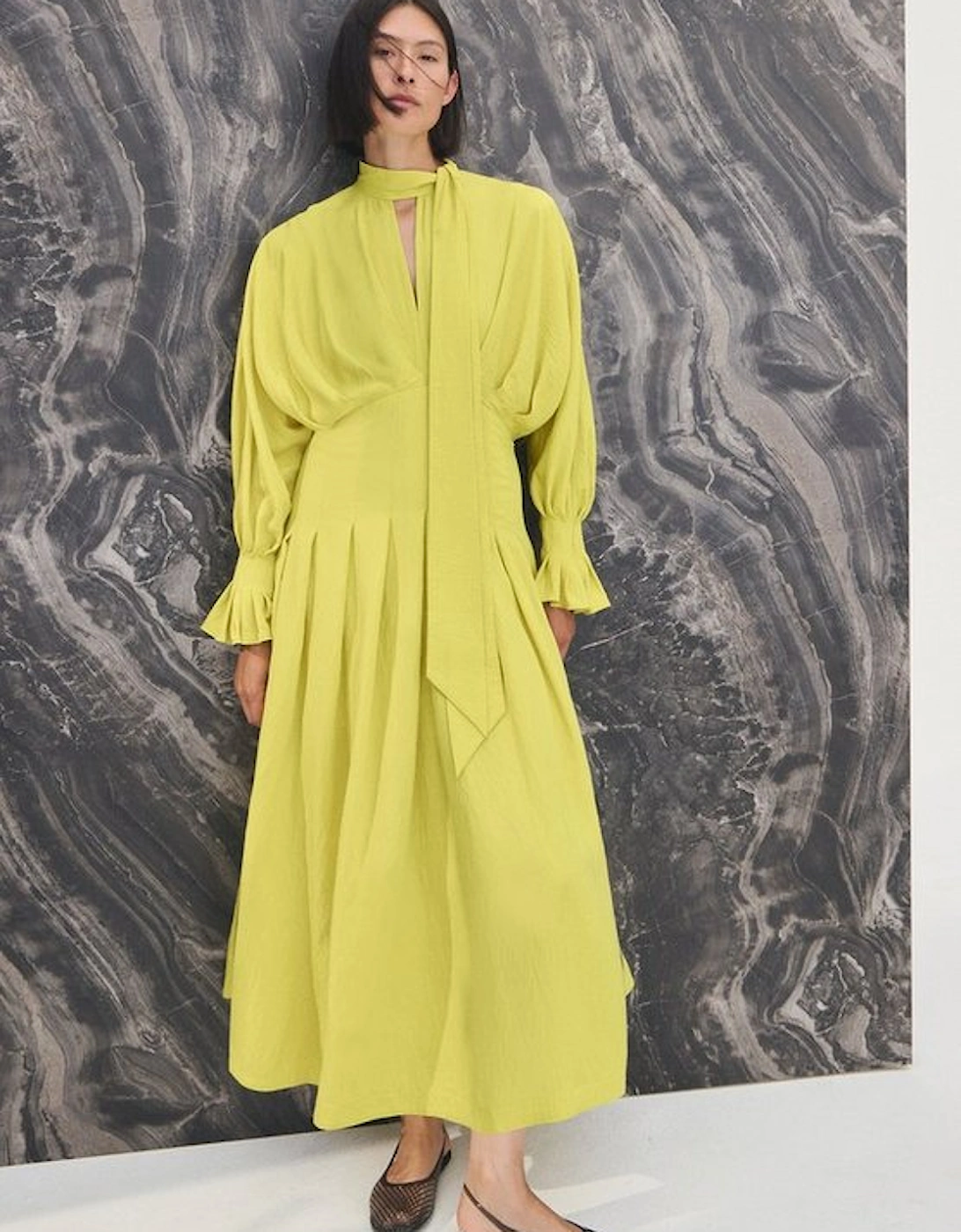 Pleated Neck Tie Detail Woven Maxi Dress, 2 of 1