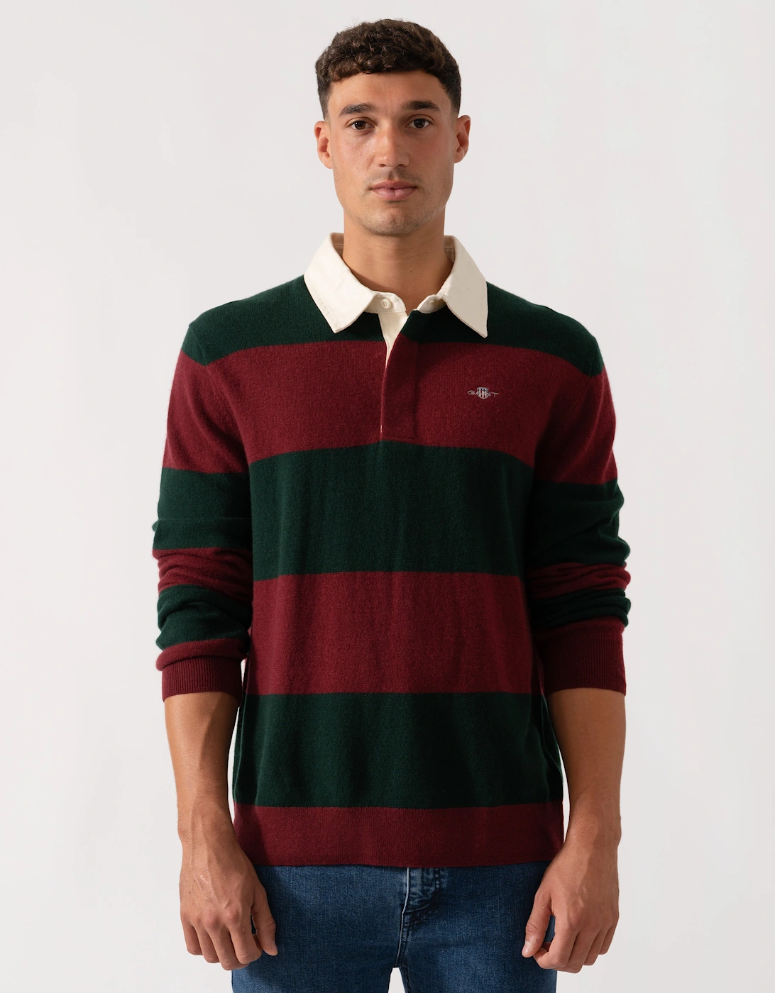 Mens Extrafine Lambswool Striped Long Sleeve Polo - 374 Tartan Green, 2 of 1
