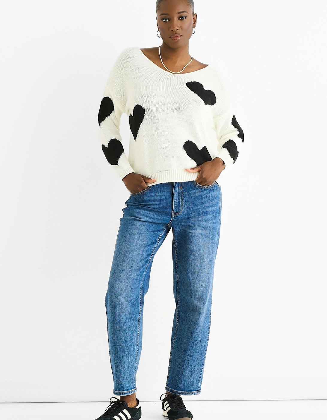 White V Neck Oversized Heart Knit Jumper