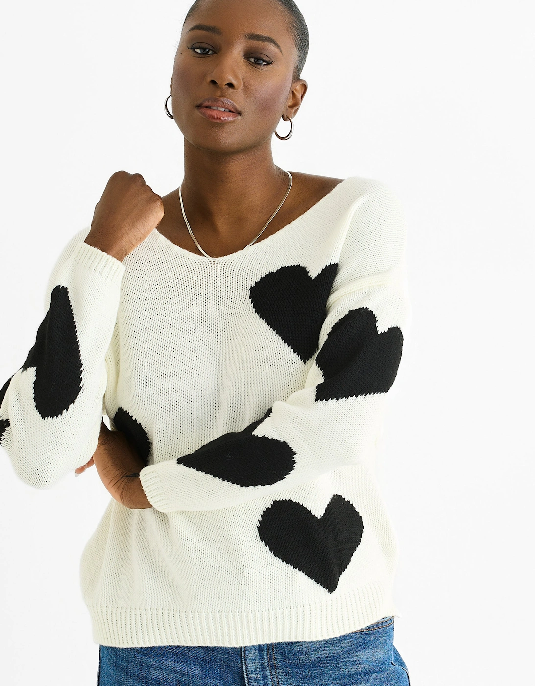 White V Neck Oversized Heart Knit Jumper, 5 of 4