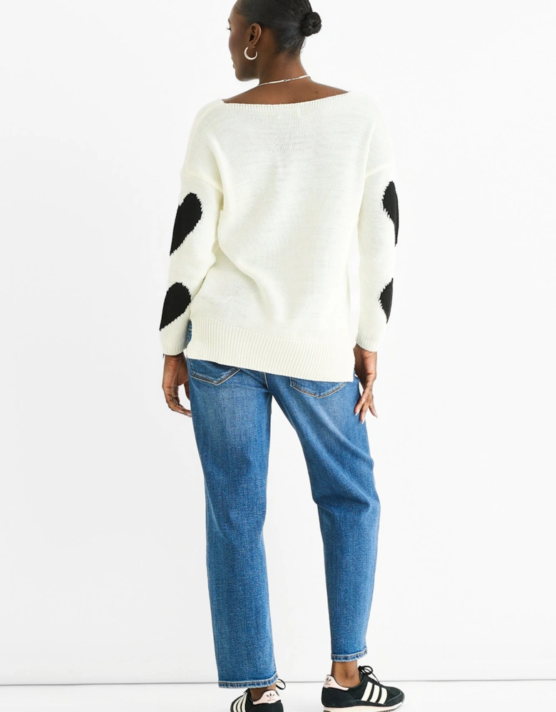 White V Neck Oversized Heart Knit Jumper