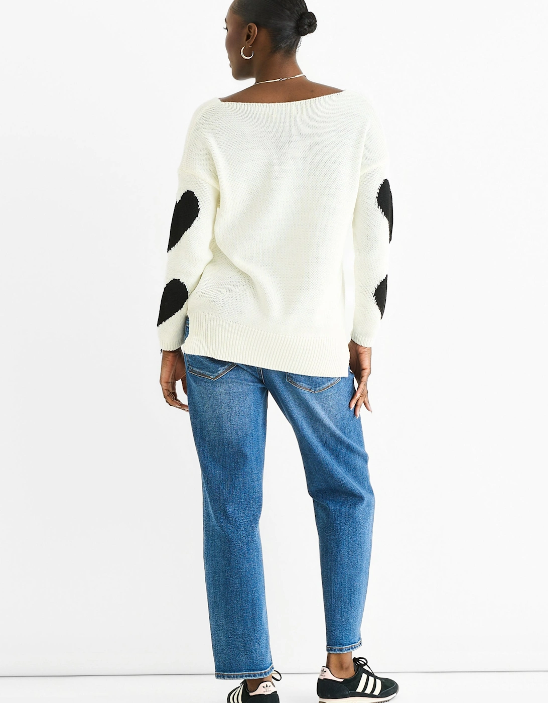 White V Neck Oversized Heart Knit Jumper