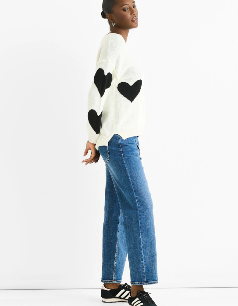 White V Neck Oversized Heart Knit Jumper