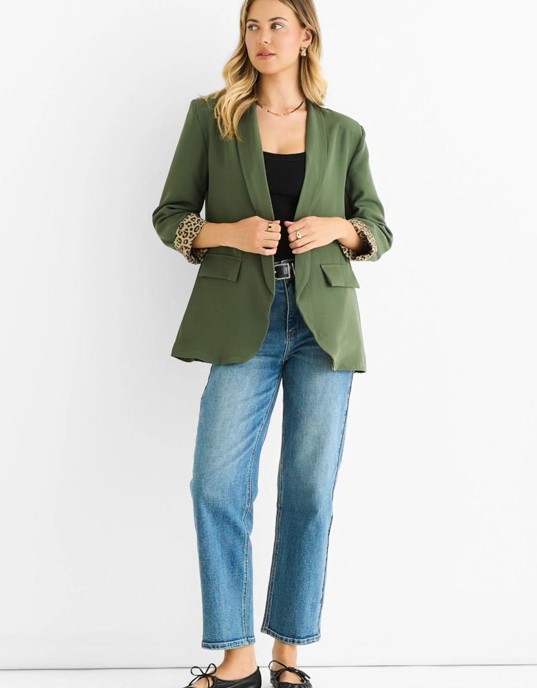 Khaki Contrast Animal Edge to Edge Blazer