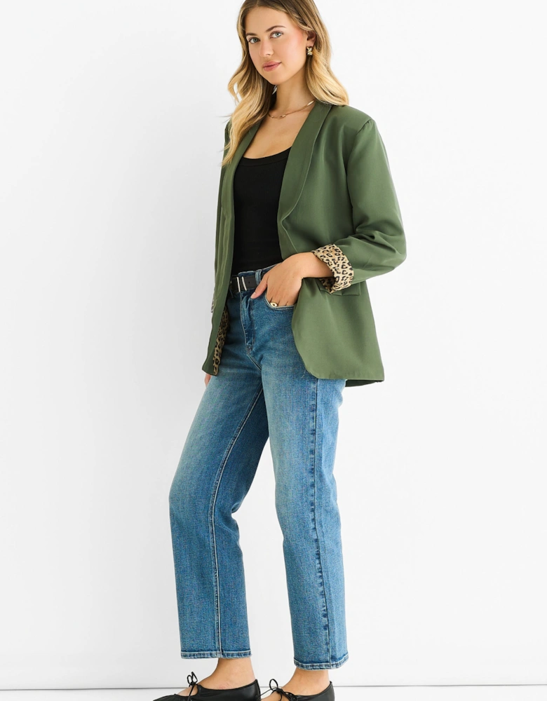 Khaki Contrast Animal Edge to Edge Blazer