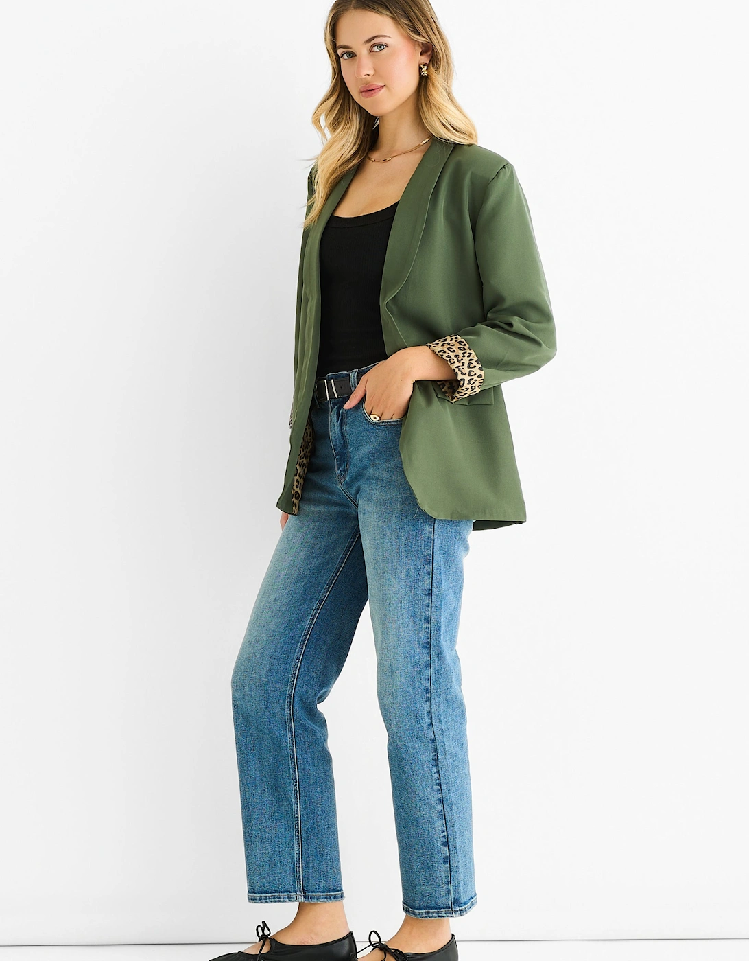 Khaki Contrast Animal Edge to Edge Blazer