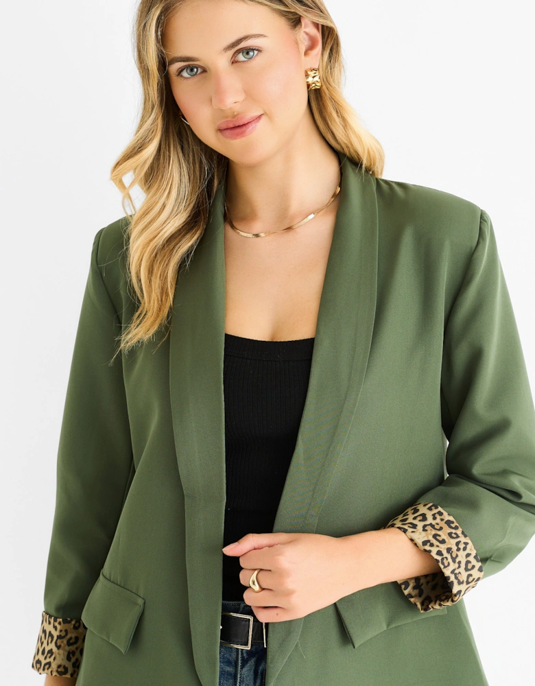 Khaki Contrast Animal Edge to Edge Blazer