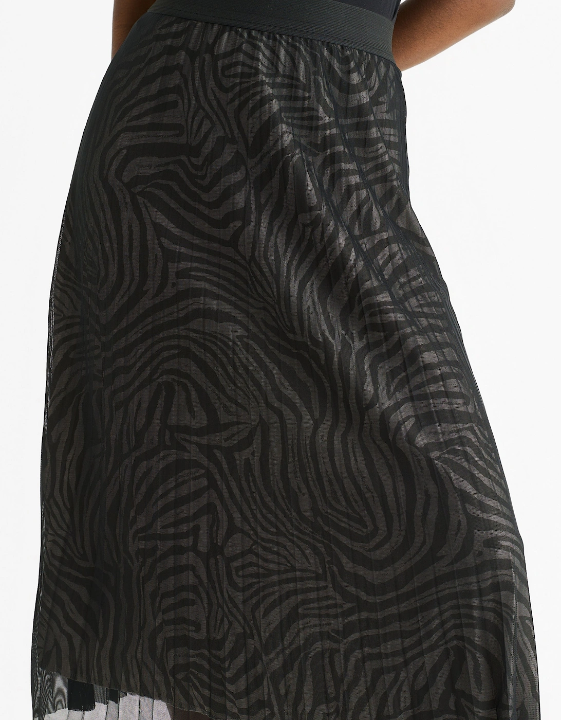 Black Animal Print Mesh Overlay Pleated Midi Skirt